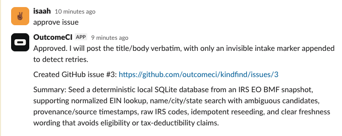 The requester approves the issue, and OutcomeCI confirms publication with the link to KindFind issue 3.