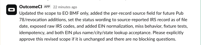 OutcomeCI summarizes the revised scope and asks for explicit approval before proceeding.