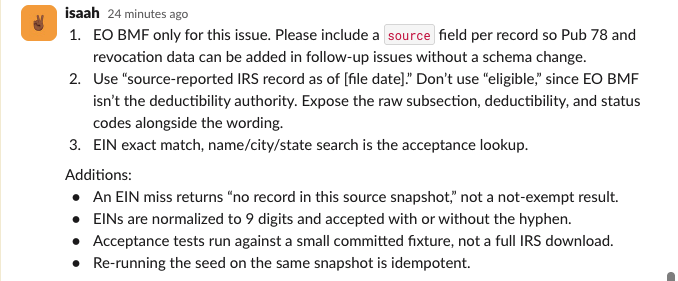 The requester clarifies the source, lookup behavior, and acceptance criteria, including repeatable imports and tests against a small fixture.